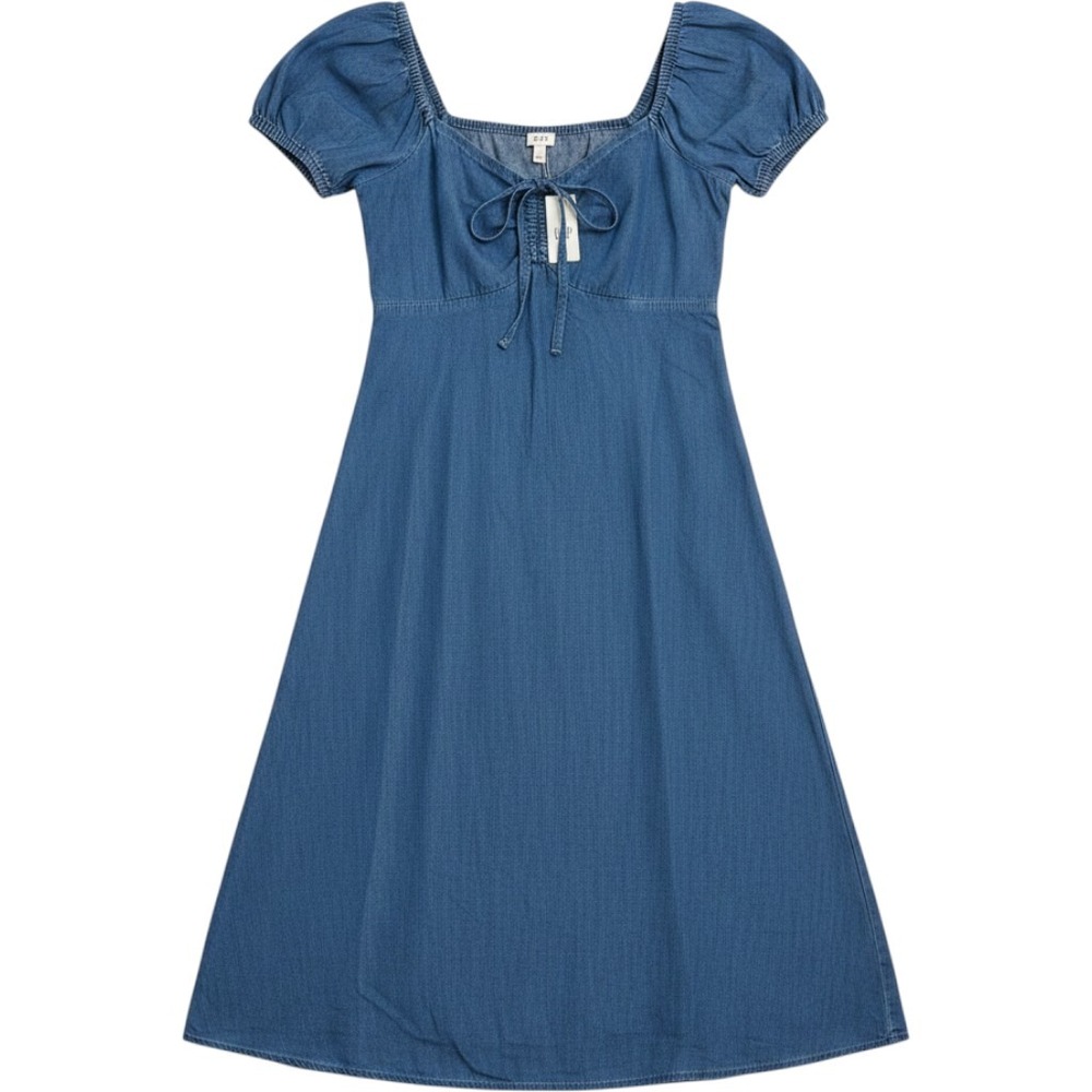 GAP Puff Sleeve Midi Dress M Blue Smocked 100% Cotton NWT Denim